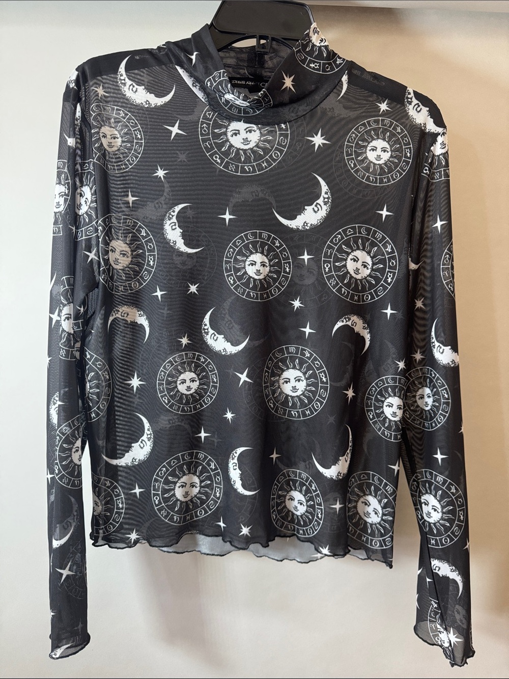 Sun and Moon Astrology Print Long-Sleeve Mesh Top - Black